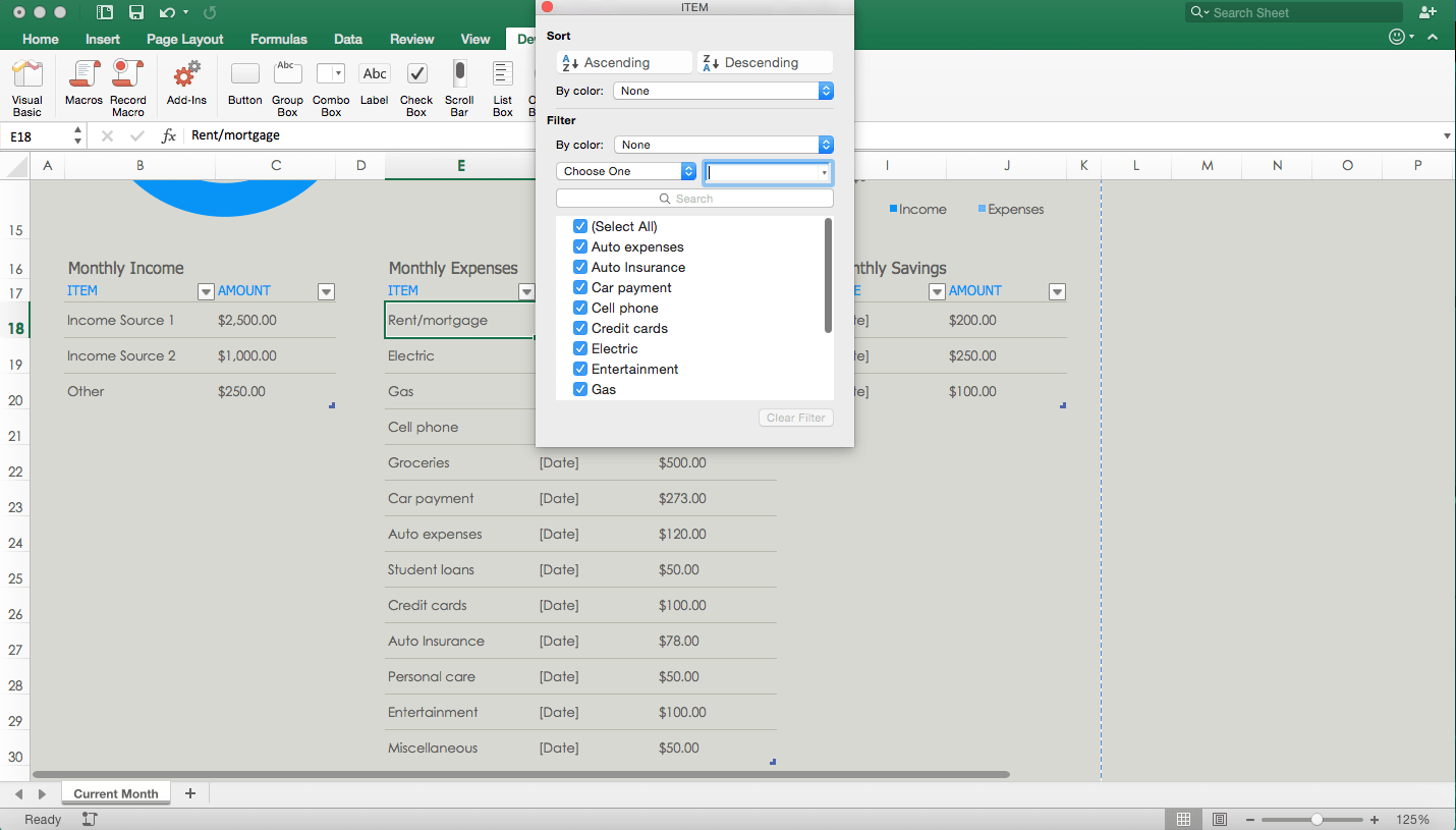 excel for mac and headers with drop down menu